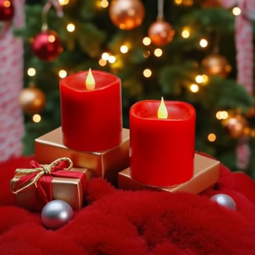 Image of Red Flameless LED Candles 3 inch Diameter Real Wax 2AA Battery Operated 600hr+ Flickering Candles with Timer Remote Control for Halloween Thanksgiving Christmas Wedding Indoor (Red, 3″x3″- 2 PCS)