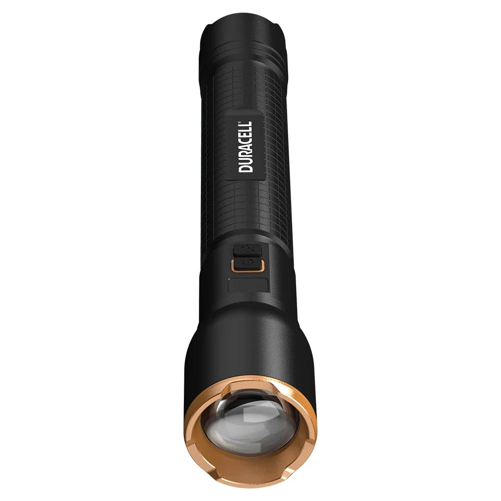 Duracell Latarka LED DF6000R Pro – 6000 lumenów, z możliwością ustawiania ostrości, zasięg świecenia 230 m, do użytku na zewnątrz i w warsztacie, do ponownego ładowania USB-C, 2 x akumulator