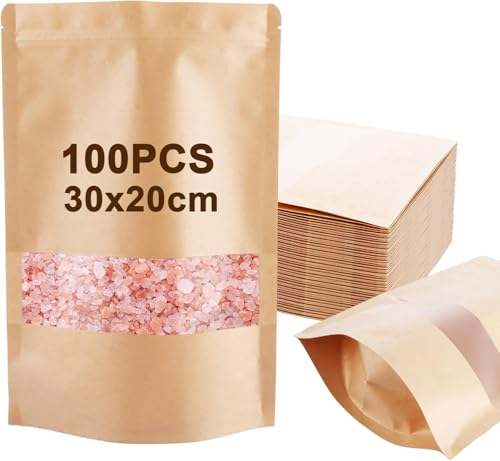 LOPYXBR 100PCS Kraft Paper Bags with Window 30x20cm Resealable Sweet Pouches Brown Paper Bags with Zip Paper Food Bags with Window and Zip for Dried Fruit Coffee Beans Spices Snack