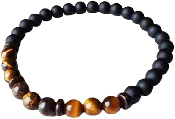 سوار JEWELZ من البرونز الطبيعي، عين النمر ورفيقه، عقيق أسود، 8 مم، شكل دائري، خرز مقطوع ناعم، 8 بوصة، قابل للتمدد للرجال والنساء. سوار للجنسين للشفاء والتأمل والحظ|GFBR_02390
