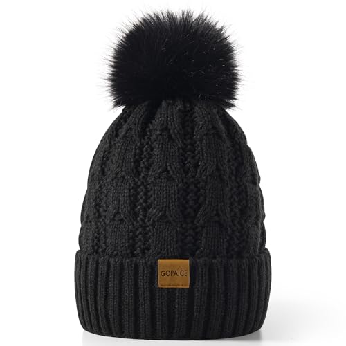 Gopaice Womens Winter Knitted Beanie Hat,Warm Fleece Lined Soft Chunky Trendy Ski Cap with Cute Pom Pom Black