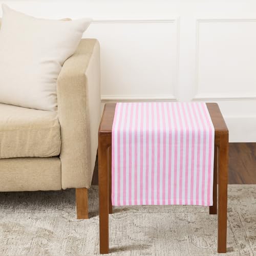Solino Home 100% Pure Linen Table Runner, 14 x 36 in, Pink and White Stripe