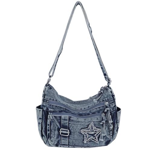 Denim Crossbody Bags for Women, Cute Y2k Crossbody Purse, Jean Vintage Grunge Bag, Multi Pocket Purse with Pockets, Cloth Crossbody Handbags, Cross Body Purse for Women Medium Size (Blue)