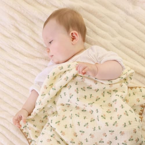 Image of Double Layered 100% Cotton Muslin Baby Blanket Ultra-Soft 40x40 Inch Swaddling Nursery Crib Blanket (Flowers)