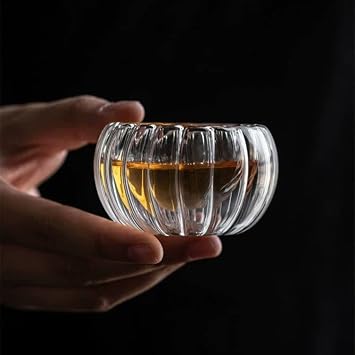 Double Glass Small Teacups, 1.69oz Heat Insulated Tiny Tea Cup, Set of 3 Transparent Glass Tea Cup, Kung Fu Tea Set (B-Set of 6)
