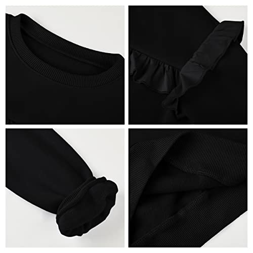 Girls Casual Crewneck Sweatshirts Ruffles Trim Long Sleeve Cute Solid Color Pullover Black #TOP5
