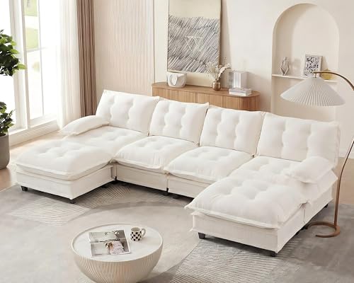 Image of 139 inch Sectional Sleeper Sofa with Ottoman, U Shaped Modular Deep Seat Couches for Living Room Apartment, Flexible Module Combination Cloud Sofa with Spring Support, Easy Assembly, White