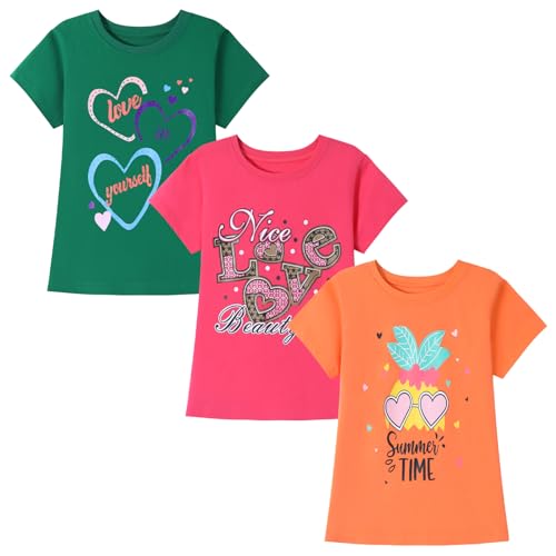 HILEELANG Girl T-Shirts Short Sleeve Graphic Tees Cotton Casual Summer Tops Shirts 3 Packs3