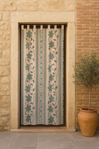Mercatienda Cortina de Calle alpujarreña antimoscas 140x260 cm con Trabillas – Tejido Jacquard Flor Pasion Verde– Estilo rústico Tradicional – Hecha en España