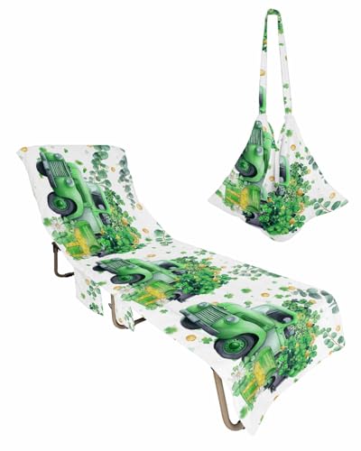 Green Truck St. Patrick's Day Beach Lounge Chair Towel Cover, Soft Chaise Lounge Towel with Side Pockets Patio Pool Chairs Cover for Beach/Pool Sunbathing 29x85 Lucky CLover Eucalyptus Leaves