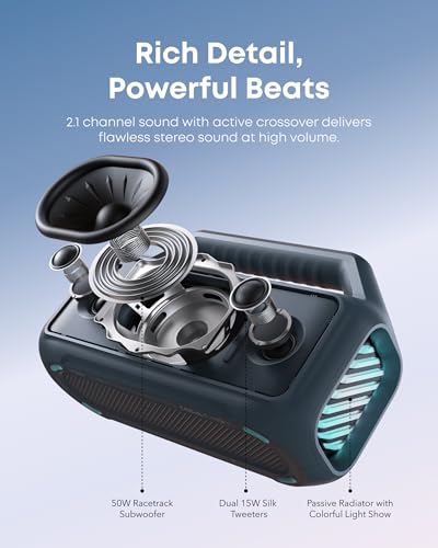 Image of Soundcore Boom 2 Outdoor Speaker, 80W, Subwoofer, BassUp 2.0, 24H Playtime, IPX7 Waterproof, Floatable, RGB Lights, USB-C, Custom EQ, Bluetooth 5.3, Portable for Outdoors, Camping, Beach (Renewed)