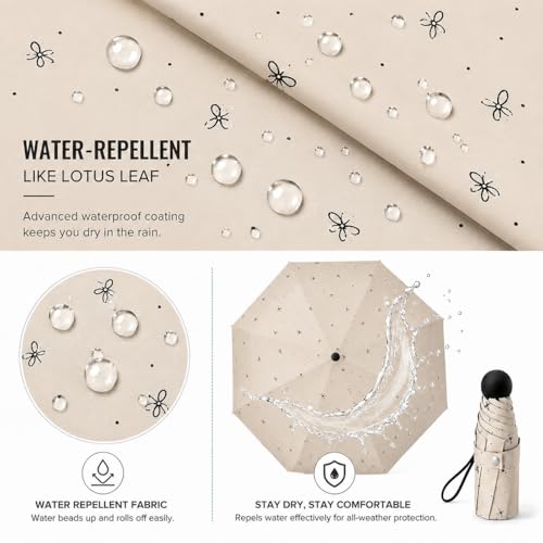 Image of Mini Umbrella with Case for Men & Women (Manual Open) Compact Travelling Pocket Umbrella, Polyester & UV Protect Fabric for Summer /Anti-Slip Handle- Use in Rain & Summer (Beige-Print)