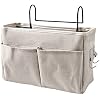 Bedside Caddy,Hanging Bed Organizer Storage Bag Pocket for Dorm Rooms Bed Rails Nightstand Hanging Bag,Cotton Linen Bedside Storage Pocket Organizer Basket for Bunk Bed Dorm Rooms(White)