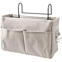 Bedside Caddy,Hanging Bed Organizer Storage Bag Pocket for Dorm Rooms Bed Rails Nightstand Hanging Bag,Cotton Linen Bedside Storage Pocket Organizer Basket for Bunk Bed Dorm RoomsWhite