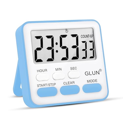 Image of GLUN Digital Kitchen Timer with Clear Loud Alarm for Cooking, Stop Watches Timer Clock with Alarm & Magnetic Back, LCD Backlit Display, Classroom for Kids & Teachers Blue Back
