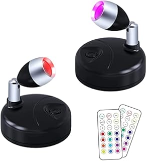 Helcona Wireless LED Spotlight w/Remote Control, RGB Battery Spot Lights Indoor Art Lights Color Changing Mini Picture Light Dimmer Puck Lights Timer Wall LightHallway Cupboards 2 Pack, Black (DR-1)