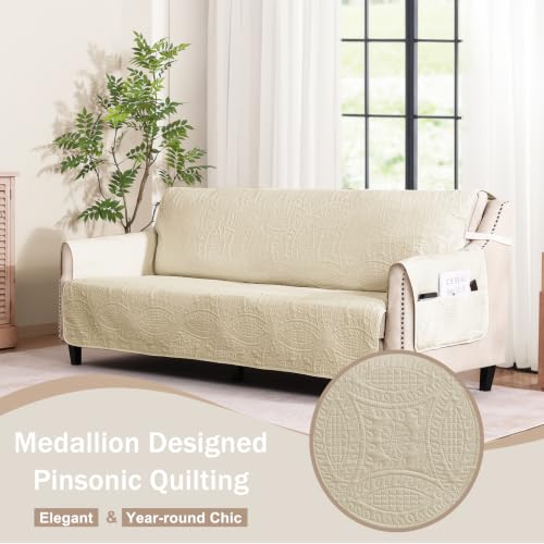 Image of Quilted Grand Sofa Covers Washable, Couch Cover for Grand Sofa, Soft Cozy Couch Protector for 4 Cushion Couch, Oversized Grand Sofa Slipcovers Water-Repellent (Grand Sofa 88 inch, Camel)