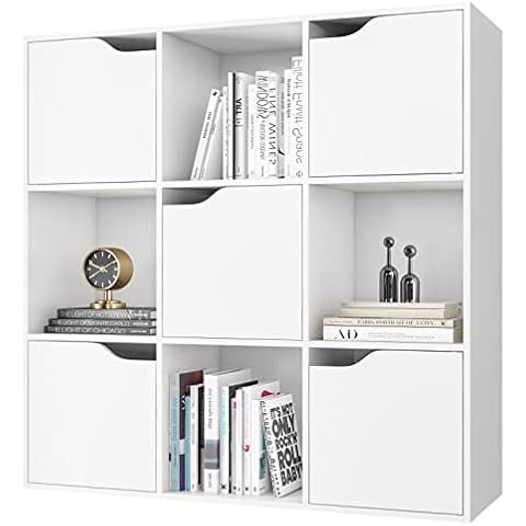 FirFurd Bookcase with Doors Wooden White Cube Bookshelf 9 Cubes 5 Doors Freestanding Storage Cabinet for Living Room Office Bedroom 90x29x90cm Cover