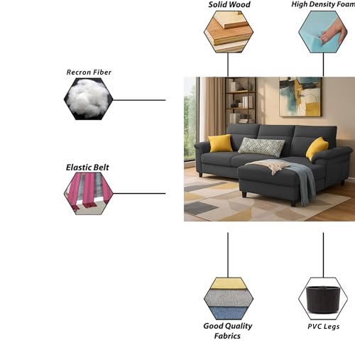 Image of Casaliving Seams RHS 4 Seater L Shape Sofa for Living Room (Black Fabric) Premium Fabric Sofa