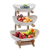 Futchoy Household 3 Tier Ceramic Fruit Plate Bowl,Bamboo Wooden Frame Plate Basket Holder,for Vegeta