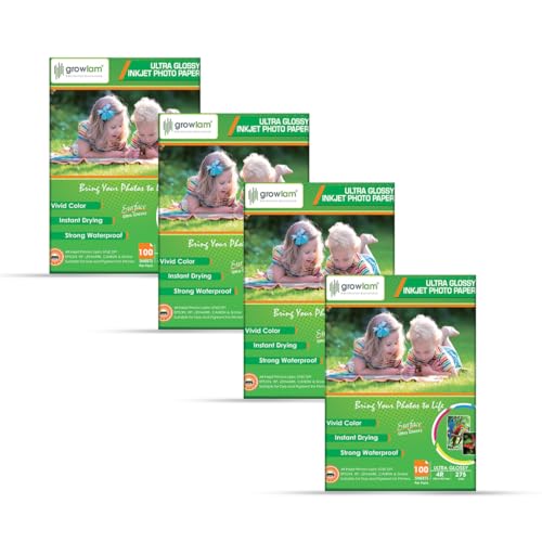Image of Growlam Ultra Glossy Photo Paper 275 GSM 4R Size Photo Paper- Water Proof, Instant Drying, 100 Sheets, Resin Coated, Compatible with Inkjet Printer (Pack of 4)