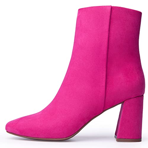 Women’s Fashion Ankle Boots Square Toe Suede Side Zipper Chunky Block Heel Hot Pink Booties (Pink 8)