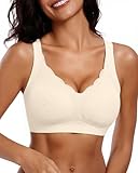 LEYSHE Papped Bras for Older Women Lace Wireless Push up Bra Full Coverage Scallop Seamless Supportive Bralette Champagne M