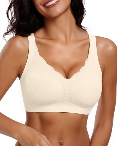 LEYSHE Papped Bras for Older Women Lace Wireless Push up Bra Full Coverage Scallop Seamless Supportive Bralette Champagne XL