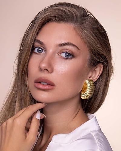 Large 18K gold plated Chunky Clip on Statement Earrings for Women, Bold Handmade Exaggerated Trendy Seashell Ribbed Jewelry Gifts, Curved Half Circle Textured Summer Beach Fashion Earrings Accessories, Big Vintage Irregular Hammered Thick Circular Nickle Free Cuff Huggie Earrings.3