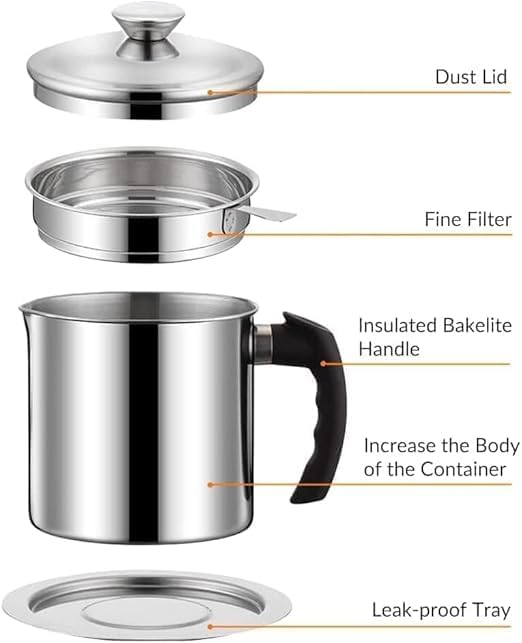 Image of Stainless Steel Oil Filter Pot with Removable Mesh Strainer 1.4L Grease Storage Can Anti-Oil Reusable Cooking Oil Container with Handle and Lid for Kitchen Use