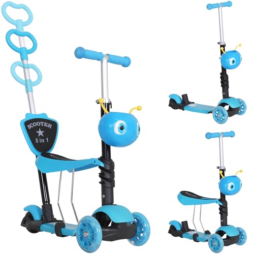 HOMCOM 5 en 1 Trottinette pour Enfants Trottinette 3 Roues évolutive Hauteur Guidon réglable Charge Max. 60 Kg Canne télescopique Selle Dossier Amovible Bleu