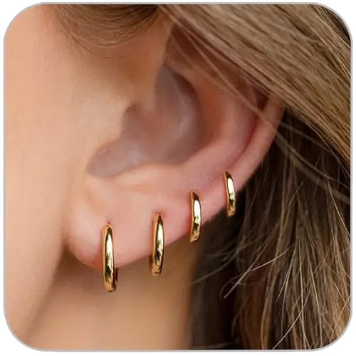 4 Pairs Small Gold Hoop Earrings Set for Women, 14k Gold Plated Cartilage Hoop Earring Hypoallergenic Small Hoop Earrings for 2nd 3rd Hole Huggie Hoop Earrings for Women Men Gifts (Gold-1.6mm)
