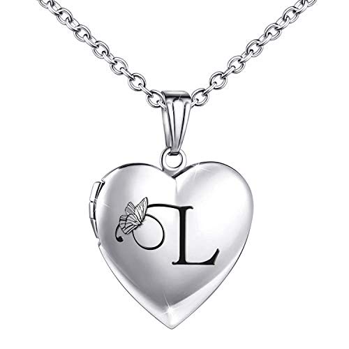 Muerdou Locket Necklace That Holds Pictures Initial Alphabet Letter Heart Shaped Photo Memory Locket Pendant Necklace (L) #TOP8