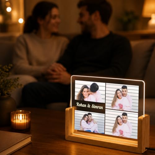 Image of Giftplease Personalized LED Acrylic Photo Frame with Custom Picture and Name, Romantic Couple Memory Lamp, Wooden Base USB Table Decor, Anniversary Bedroom Home Display Keepsake Art