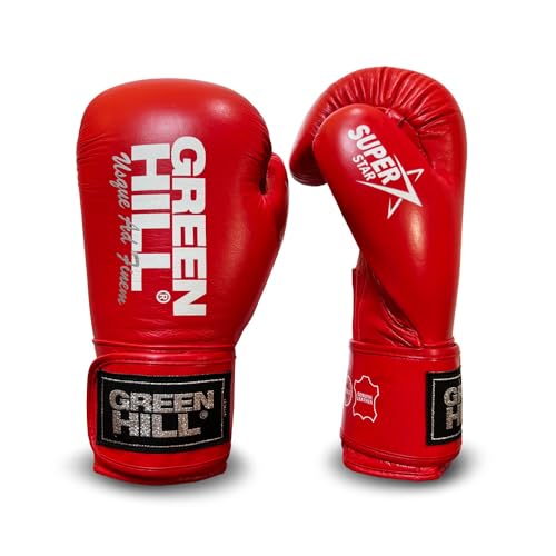 GREEN HILL SUPER STAR Guanti da Boxe Guantoni Pugilato Unisex-Adulto Pelle (Rosso, 12 oz)