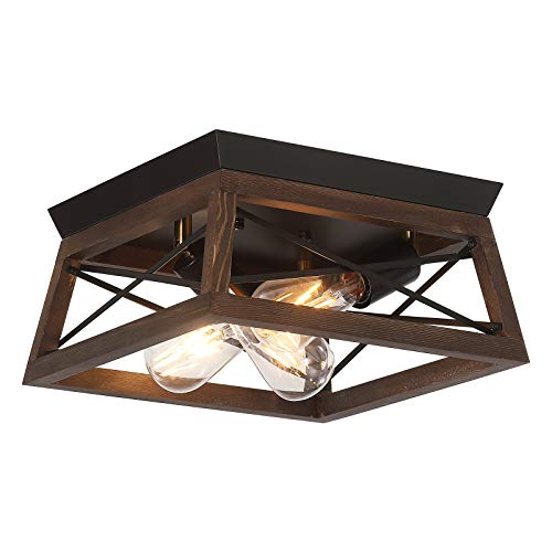 🛒 Crazy Deals HUESLITE 3-Light Farmhouse Flush Mount Ceiling Light,Rustic Fixture with Wood Shade for Hallway, Entryway, Dining Room,Kitchen, Bedroom, Balcony Living Room (Wood, 3-Light)