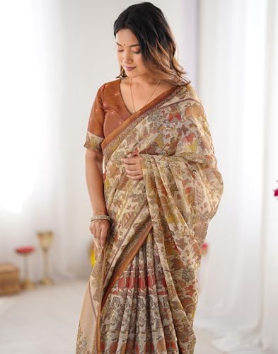Image of SIRIL Women's Cotton Linen Kalamkari Printed Handloom Saree with Unstitched Blouse Piece