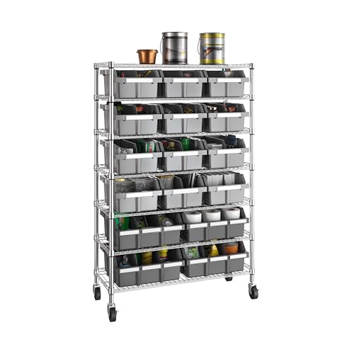 Image of 7-Tier NSF 16-Bin Steel Wire Shelving Rack, 36 inchW x 14 inchD x 56 inchH, Gray | 16 slide-out bins with tilt-lock design keep supplies organized and accessible