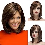 BESTUNG Short Mixed Color Synthetic Women Wig Medium Length Natural Looking Hair Wigs Light Brown and Light Blonde