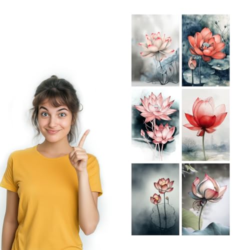 Image of SiddArtify Lotus Flower Wall Art Prints Set - Watercolor Floral Poster Decor for Living Room Bedroom Office - 12x18 inch Sticker Pack of 6