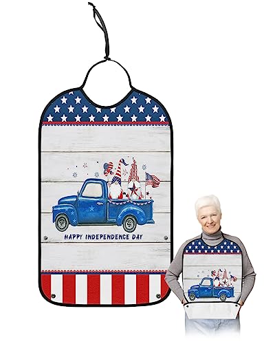 4th of July Adult Bibs for Eating, Waterproof Bibs with Food Catcher & Adjustable Snap Closure, Independence Day Rustic Star Striped Washable Clothing Protectors Adult Bibs for Elderly Women/Men
