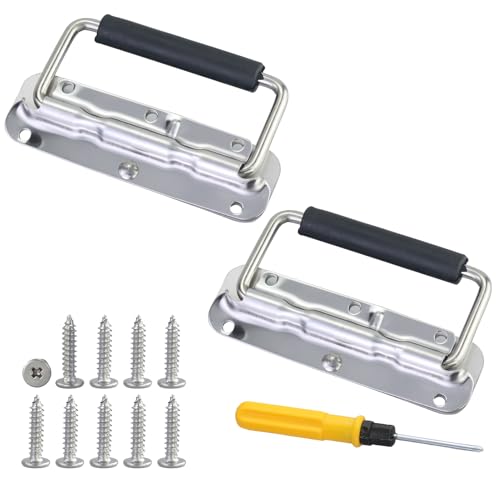 Lot de 2 poignées pliantes, 140 mm, à ressort, poignée de transport, pour caisses, caisses, en acier inoxydable, avec 10 vis et 1 tournevis