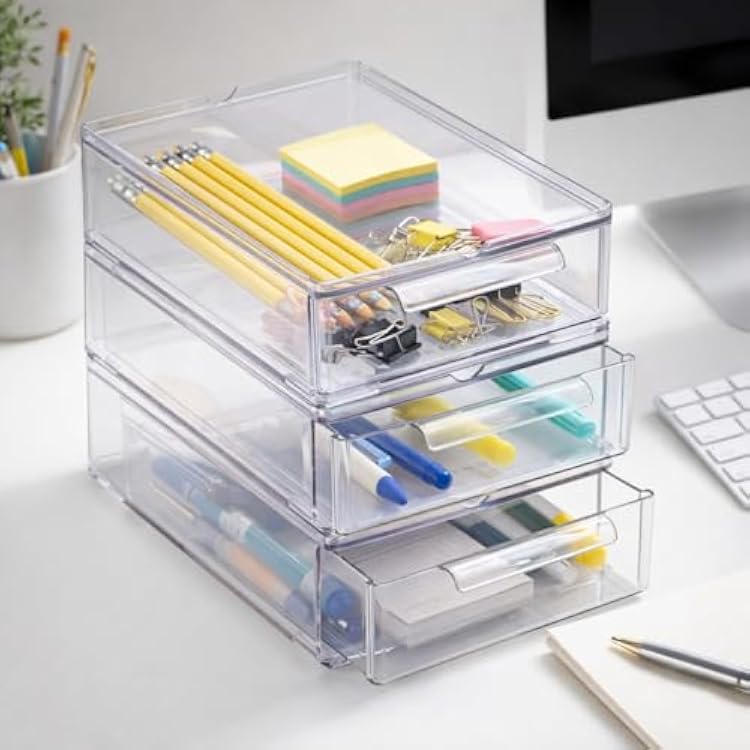 BINO | Clear Stackable Storage Drawers, Small - 3 Pack | Clear Storage Drawers with Built-In Handles | Durable Plastic Organizer Drawer | Modular Stackable Drawer Acrylic Organizer