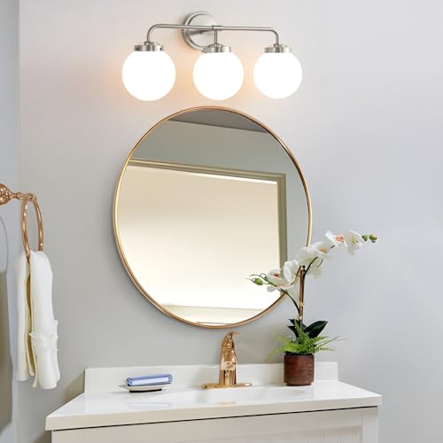 Image of Bathroom Light Fixture 22.4in 3Light Brushed Nickel Vanity Light for Mirror | Bathroom Lighting Fixtures over Mirror, ETL, Brushed Brass Wall Sconce, Dimmable E12 Base Max 60W, Milky Glass Ball Shades