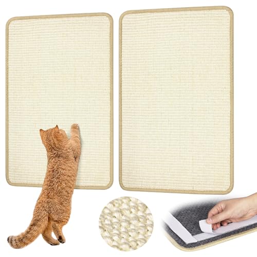 Image of Graciadeco White Cat Scratching Mat Sisal, 2 Packs Sisal Fabric Large Cat Scratching Pad for Indoor Cats with Adhesive Hook Loop Tape, Wall Scratchers for Indoor Cats 23.6 inch x 15.7 inch
