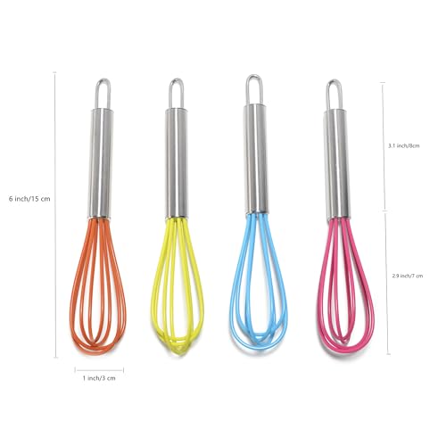 Mini Whisks 6 inch 4Pcs silica gel stainless steel Whisk, Hand Egg Mixer for Flour Cake Egg, Kitchen Cooking Baking Use Whisk (red,yellow,orange,blue)