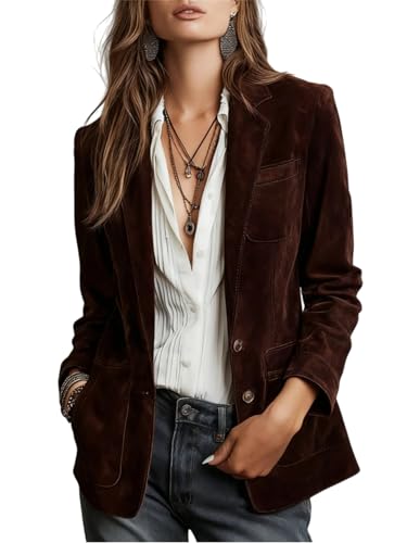 Blazer rétro en daim synthétique pour femme - Style décontracté - Col cranté - Pour le travail - Automne et hiver, marron foncé, S