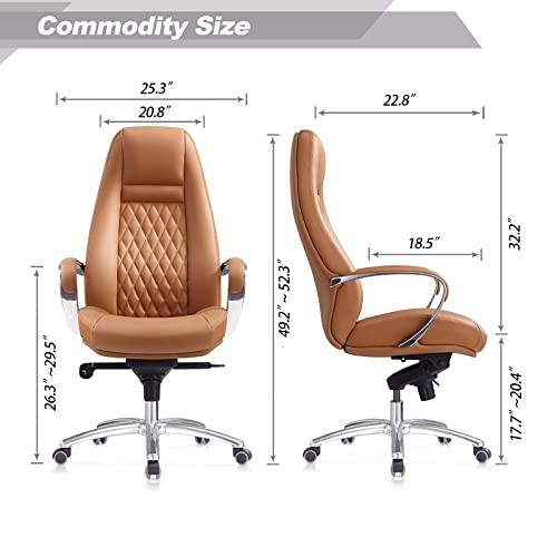 Genuine Leather Office Chair With High Back Aluminum Swivel Base Ergonomic Synchro-Tilt Reclining Mechanism Real Leather Executive Chair-Brown #TOP6