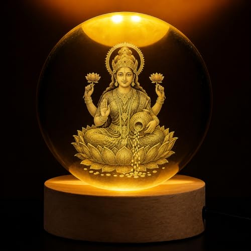 Image of 3D Crystal Ball Night Lamp - Engraved Goddess Lakshmi LED Light, USB-Powered Table Lamp with Wooden Base, Elegant Home & Office Decor, Bedroom, Anniversary, Birthday Gift (Warm White)