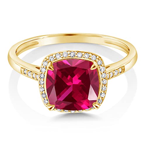 Gem Stone King 2-3 Cttw 10K Yellow Gold 8MM Cushion Cut Gemstone Birthstone and White Diamonds Halo Engagement Ring For Women | Wedding Anniversary Promise Ring | Available In Size 5, 6, 7, 8, 93